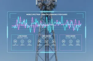 a decorative image of trend lines corresponding to various bands overlaid on top of an image of a cell phone tower
